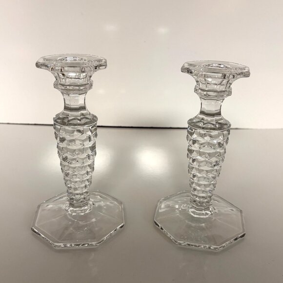 Clear Glass Fostoria Candlestick Holders Set Of 2 Octagonal Vintage 6.25in - Picture 4 of 6